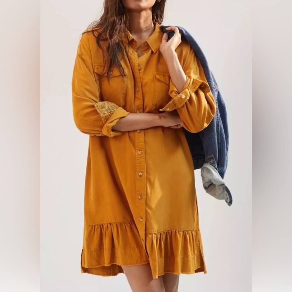 Pilcro Mustard Long Sleeve Button-Front Ruffle Hem Dress